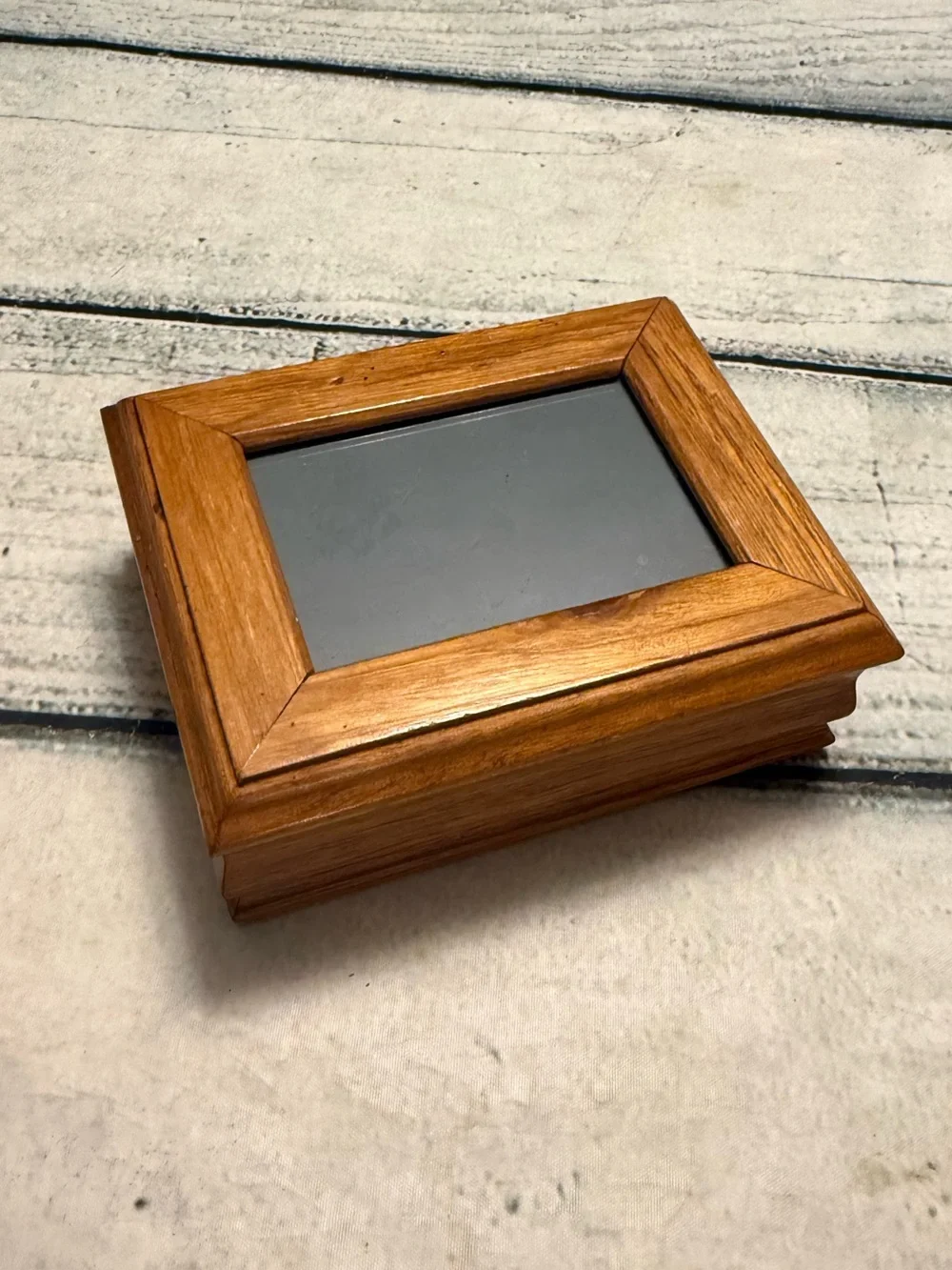 Vintage Small Wooden Jewelry Box with Photo Frame Lid and mirror inside.